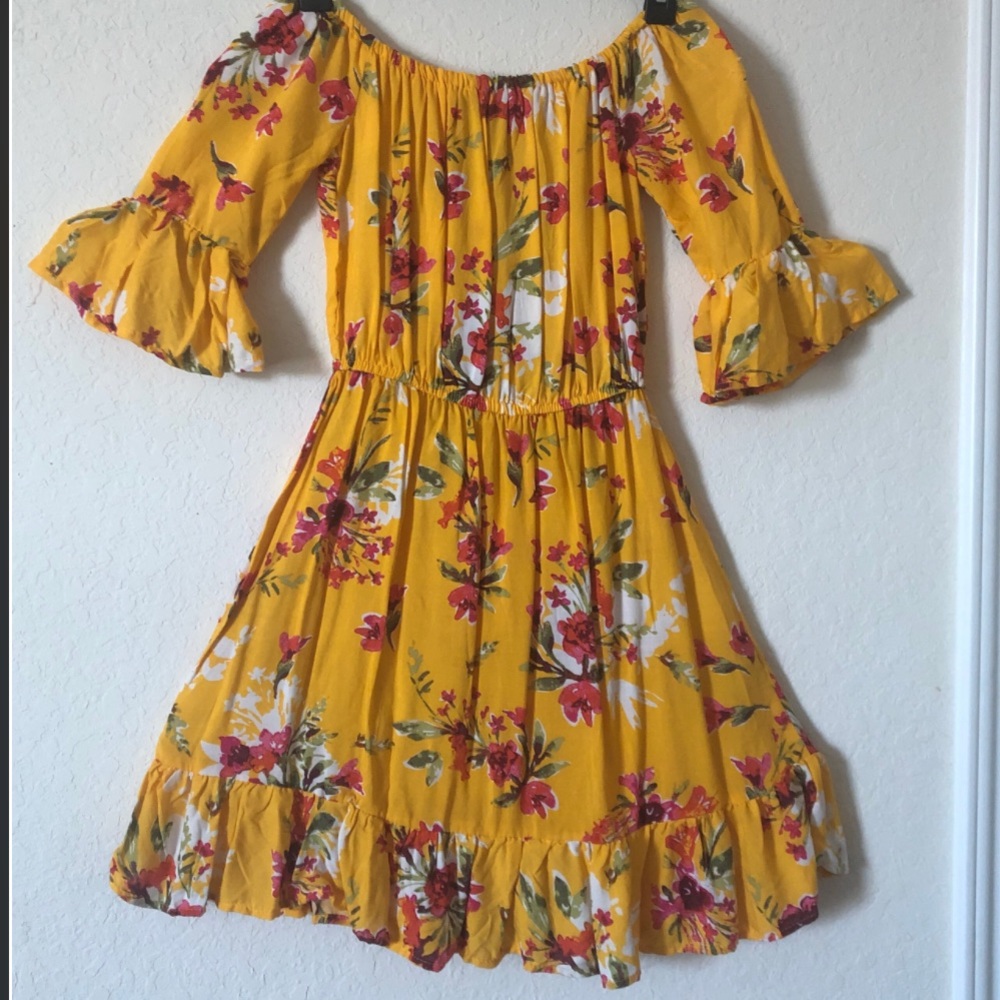 Yellow (pink flowers) off the shoulders dress